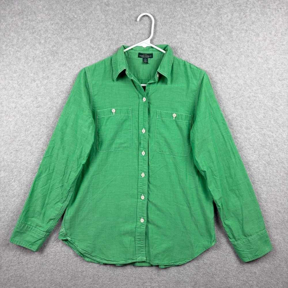 Lauren Ralph Lauren Shirt Womens Small Green Chambray Button Up Roll Tab Sleeve